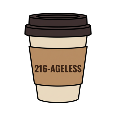 216-AGELESS on a coffee cup