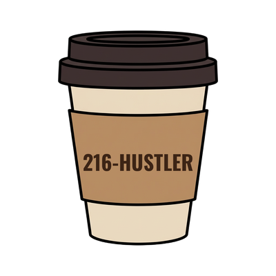 216-HUSTLER on a coffee cup
