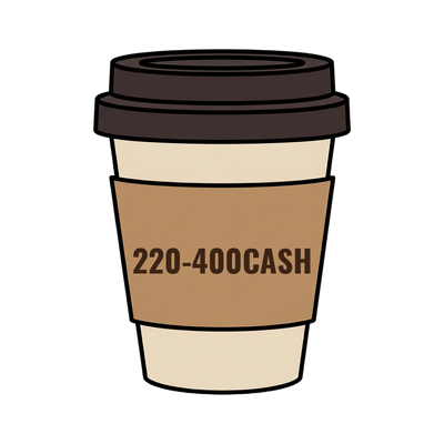 220-400CASH on a coffee cup