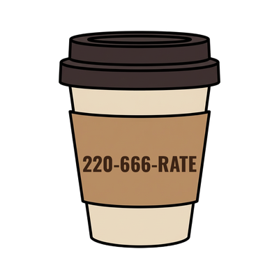 220-666-RATE on a coffee cup