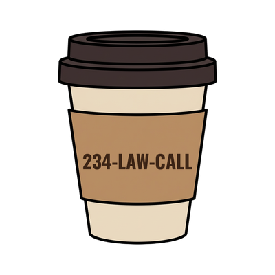 234-LAW-CALL on a coffee cup