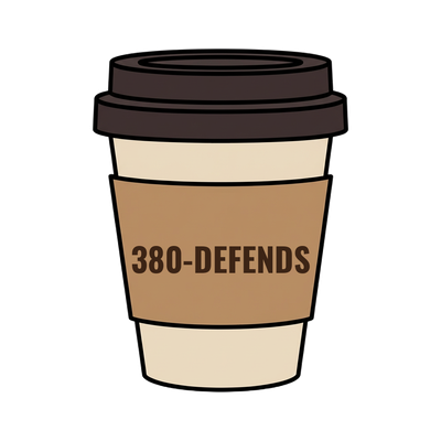 380-DEFENDS on a coffee cup
