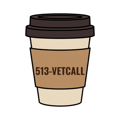 513-VETCALL on a coffee cup