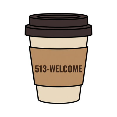 513-WELCOME on a coffee cup