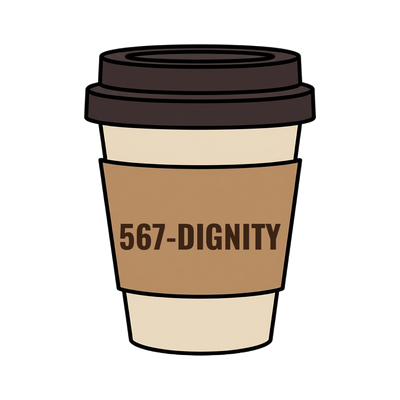 567-DIGNITY on a coffee cup