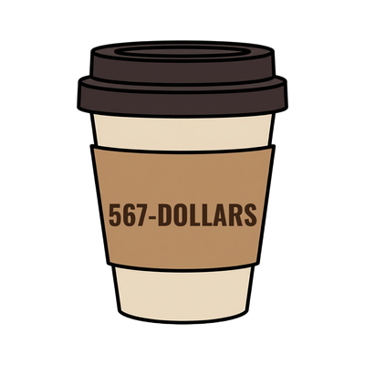567-DOLLARS on a coffee cup