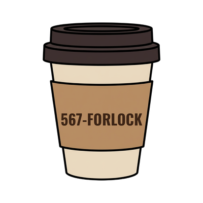567-FORLOCK on a coffee cup