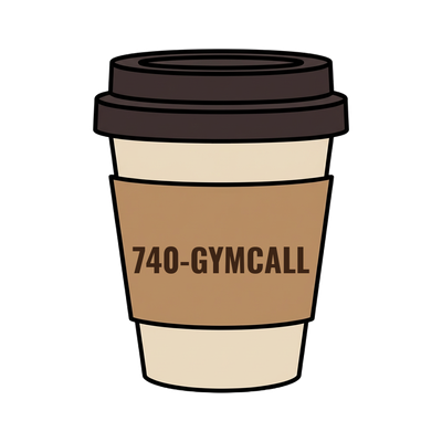740-GYMCALL on a coffee cup